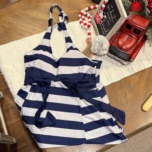 Navy and White Striped Swim Top
